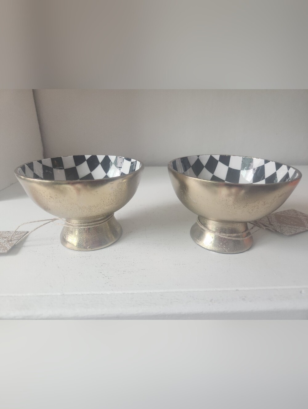 Gold Metal Pedestal Bowls with Black & White Checker Interior (Set of 2) - Picture 4 of 9